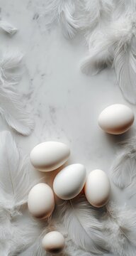 Pale eggs and feathers on a white marble surface