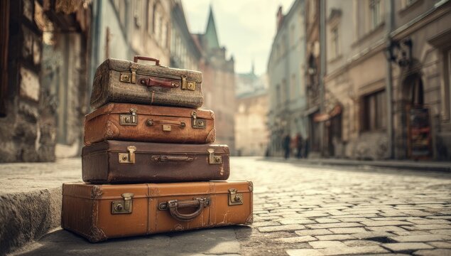 Vintage suitcases stacked on cobblestone street (2)