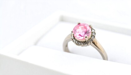 A delicate pink gemstone ring, nestled within a white presentation box, showcases a round center stone and a halo of smaller diamonds.