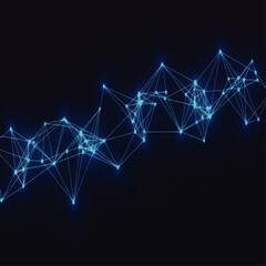 Abstract digital network visualization with interconnected nodes and glowing lines on dark background.