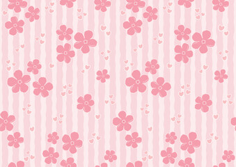Seamless Pink Floral Heart Striped Pattern Vector
