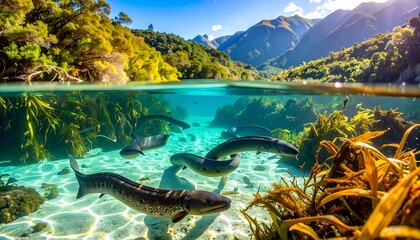 Underwater ecosystem with eels swimming in crystal-clear river habitat