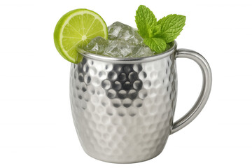 Chilled moscow mule cocktail garnished with lime wheel, mint sprig nestled in hammered metal mug against transparent backdrop