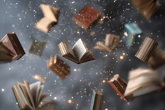 Many old books floating and spinning in the air with sparkling lights