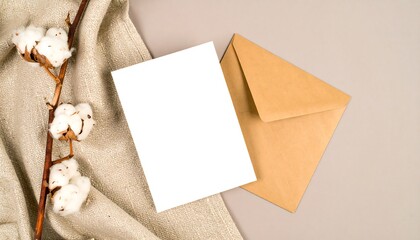 Blank White Gift Card and Brown Envelope with Cotton Branch on Golden Linen Cloth