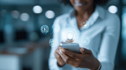 Fintech mobile banking concept with woman using smartphone and digital payment interface