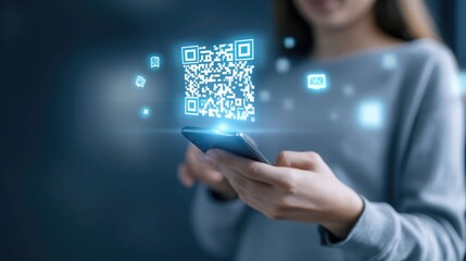 Fintech mobile banking concept with woman using smartphone and digital payment interface