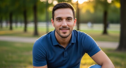 Fototapeta premium Portrait of a handsome smiling young man relaxing in the park at sunset.