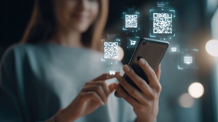 Fintech mobile banking concept with woman using smartphone and digital payment interface