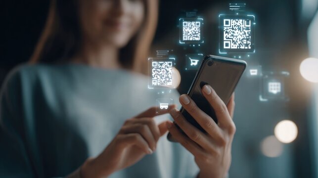 Fintech mobile banking concept with woman using smartphone and digital payment interface