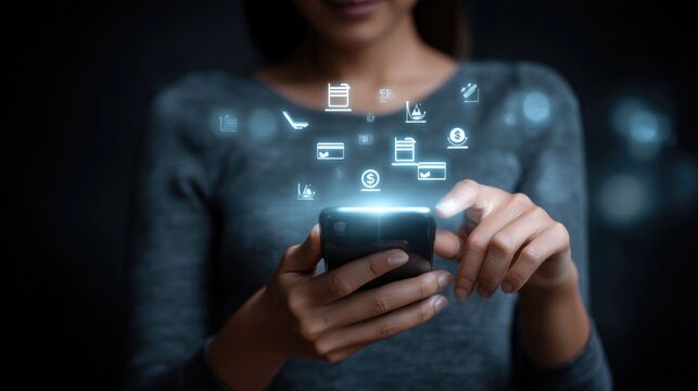 Fintech mobile banking concept with woman using smartphone and digital payment interface