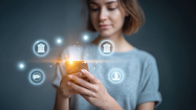 Fintech mobile banking concept with woman using smartphone and digital payment interface