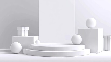 White geometric shapes and podiums in a minimalist design.