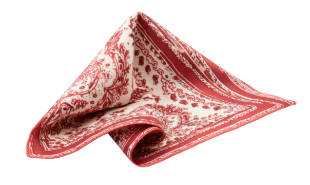 Folded crimson handkerchief with a white floral pattern