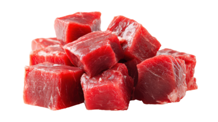 Fresh, diced raw beef cubes isolated on a white background.