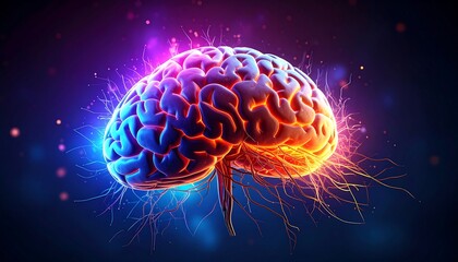 Vibrant human brain illustration illuminated with neon light, neurological study