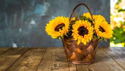 A charming arrangement of sunflowers in a rustic wooden basket sits on a weathered wooden surface, showcasing vibrant yellow blooms against a muted backdrop.