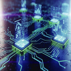 Futuristic circuit board with glowing processors and holographic data streams representing advanced computing and artificial intelligence.