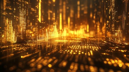 Dynamic data visualization of digital infrastructure with futuristic glowing gold tones and abstract cityscape