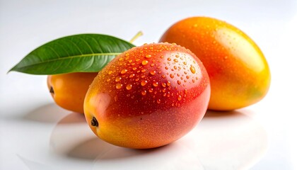 Vibrant Mango Fruits with Green Leaf and Water Droplets on White Surface