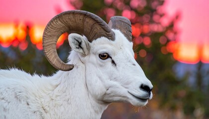 Close-up portrait of a magnificent Dall sheep, showcasing its large, intricately detailed horns against a vibrant sunset backdrop.