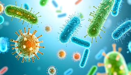 A vibrant display of various microscopic bacteria and viruses, showcasing their detailed structures and diverse colors.