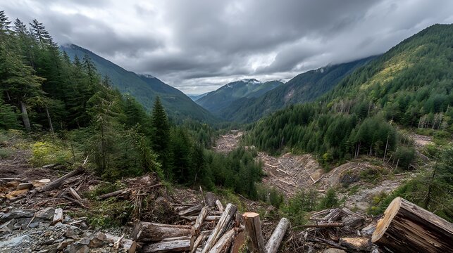 A Stark Landscape of Deforestation Showing Clearcut Forest and Overcast Sky
