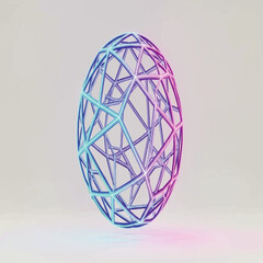 Intricate 3D rendered geometric structure with vibrant neon blue and purple gradient lighting.