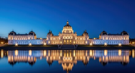 Schwerin Castle at Night with Reflections in the Lake in Germany