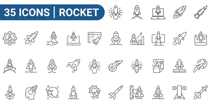 Vector icons set with editable stroke related to rocket. outline icon collection.  Pictograms and infographics for mobile apps