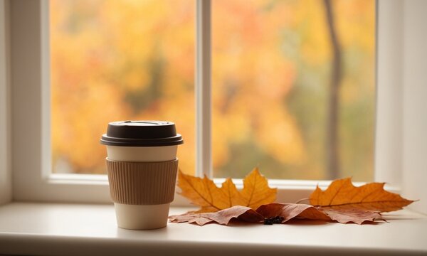 Enjoy a warm beverage by the window during the autumn season with colorful leaves and relaxing atmosphere