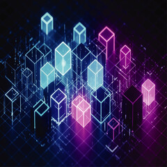 Abstract digital city with glowing cubes and grid lines in blue and pink.