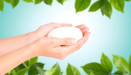 Delicate hands gently hold a bar of pristine white soap, set against a soft backdrop of vibrant greenery, evoking a sense of purity and natural beauty.