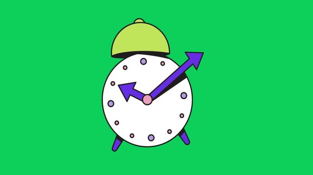 Green cartoon alarm clock strikes 2:10. Fun, bright, and educational for social media, print design or video