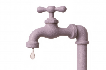 Pink water faucet dripping on transparent backdrop, highlighting conservation efforts and resource sustainability challenges
