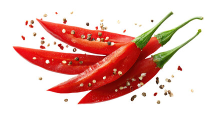 Fresh red chili peppers, arranged on a white background, with scattered peppercorns creating a spicy visual.