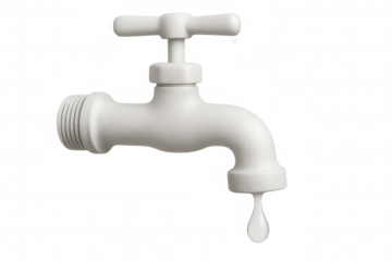 Water droplet falling from white modern faucet, symbolizing water conservation awareness against transparent backdrop