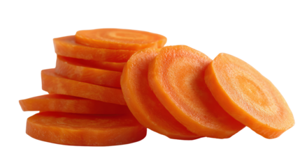Fresh sliced carrots on a white background, showcasing vibrant orange color and circular shapes.