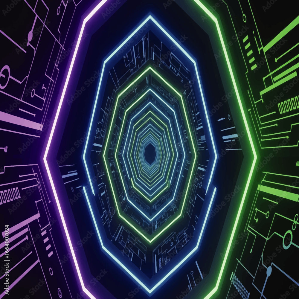 Poster a futuristic tunnel design with neon lights and circuit board patterns.