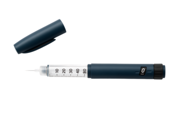 A medical insulin pen with an open cap, a precise diabetes management tool, and a common device used by patients for self-administering medication, isolated on a transparent background
