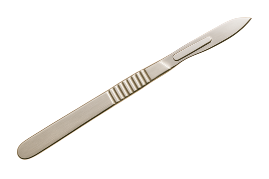 A sterile and sharp medical scalpel with a sleek metal handle and a pointed blade for surgical procedures, isolated on a transparent background