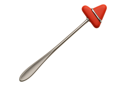 A reflex hammer with a bright red triangular head and a long, slender metallic handle for neurological testing, isolated on a transparent background - Powered by Adobe