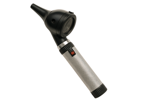 A modern otoscope with a textured silver handle, a black head, and a magnification lens for examining the ear canal, isolated on a transparent background