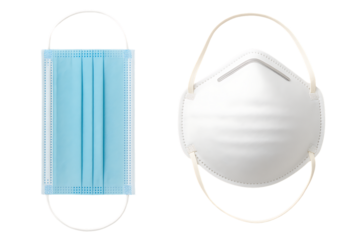 Two different types of protective face masks: a surgical mask and a respirator mask for personal protection, isolated on a transparent background
