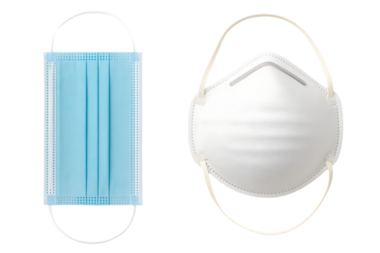 Two different types of protective face masks: a surgical mask and a respirator mask for personal protection, isolated on a transparent background