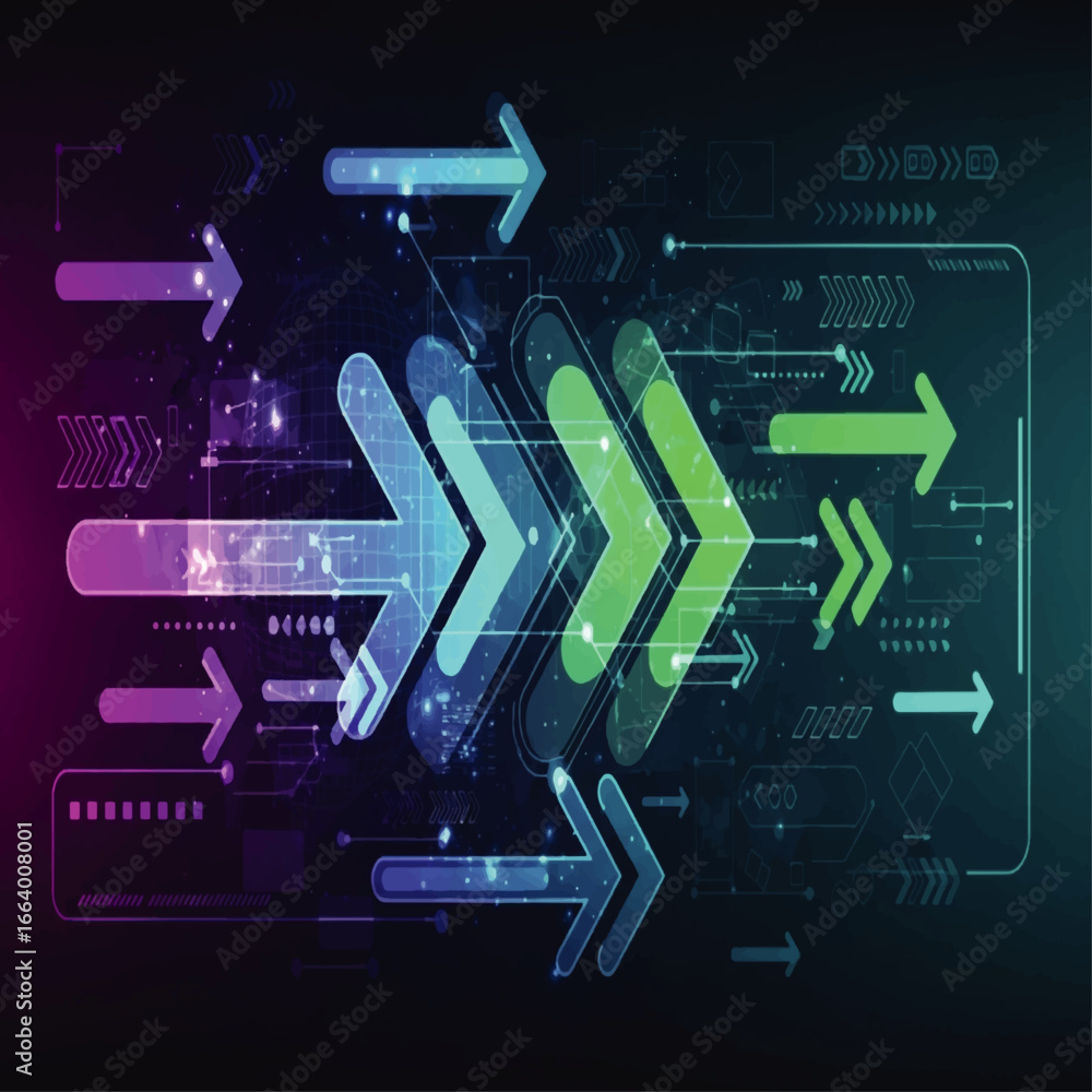 Poster abstract background featuring a series of colorful arrows pointing right, suggesting movement, direc