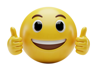 Happy yellow emoji character giving two thumbs up gesture of approval and success isolated on transparent background