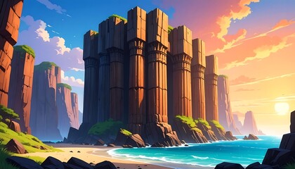 Dramatic coastal scene featuring towering, ancient-looking structures along a serene beach at sunset.