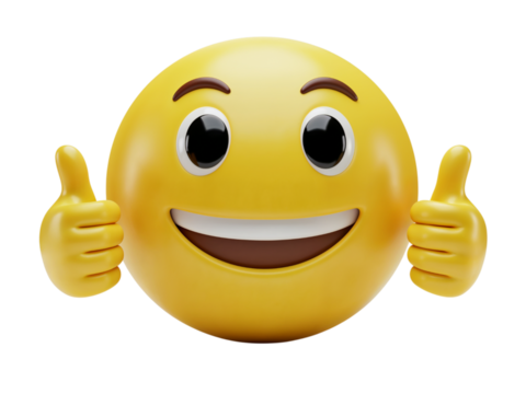 Happy yellow emoji character giving two thumbs up gesture of approval and success isolated on transparent background