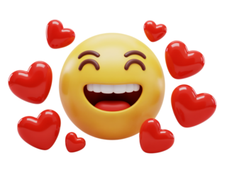 Joyful yellow emoji face with a wide open mouth and closed eyes surrounded by red hearts isolated on transparent background